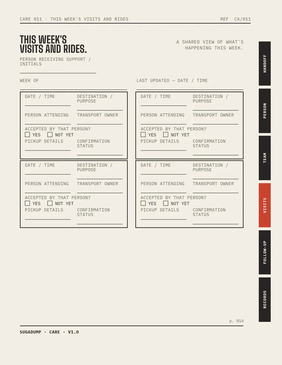 CA/011 · THIS WEEK'S VISITS AND RIDES — real workbook page preview