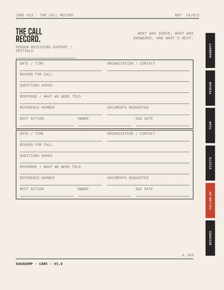 CA/013 · THE CALL RECORD — real workbook page preview