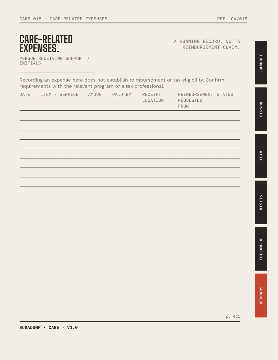 CA/018 · CARE-RELATED EXPENSES — real workbook page preview