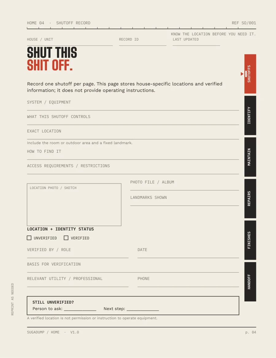 SUGADUMP / HOME page: Shutoff Record.