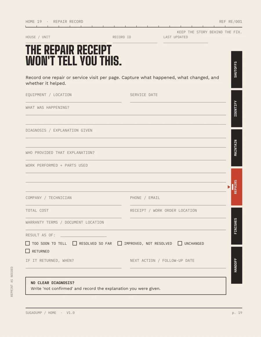 RE/001 · REPAIR RECORD — real workbook page preview