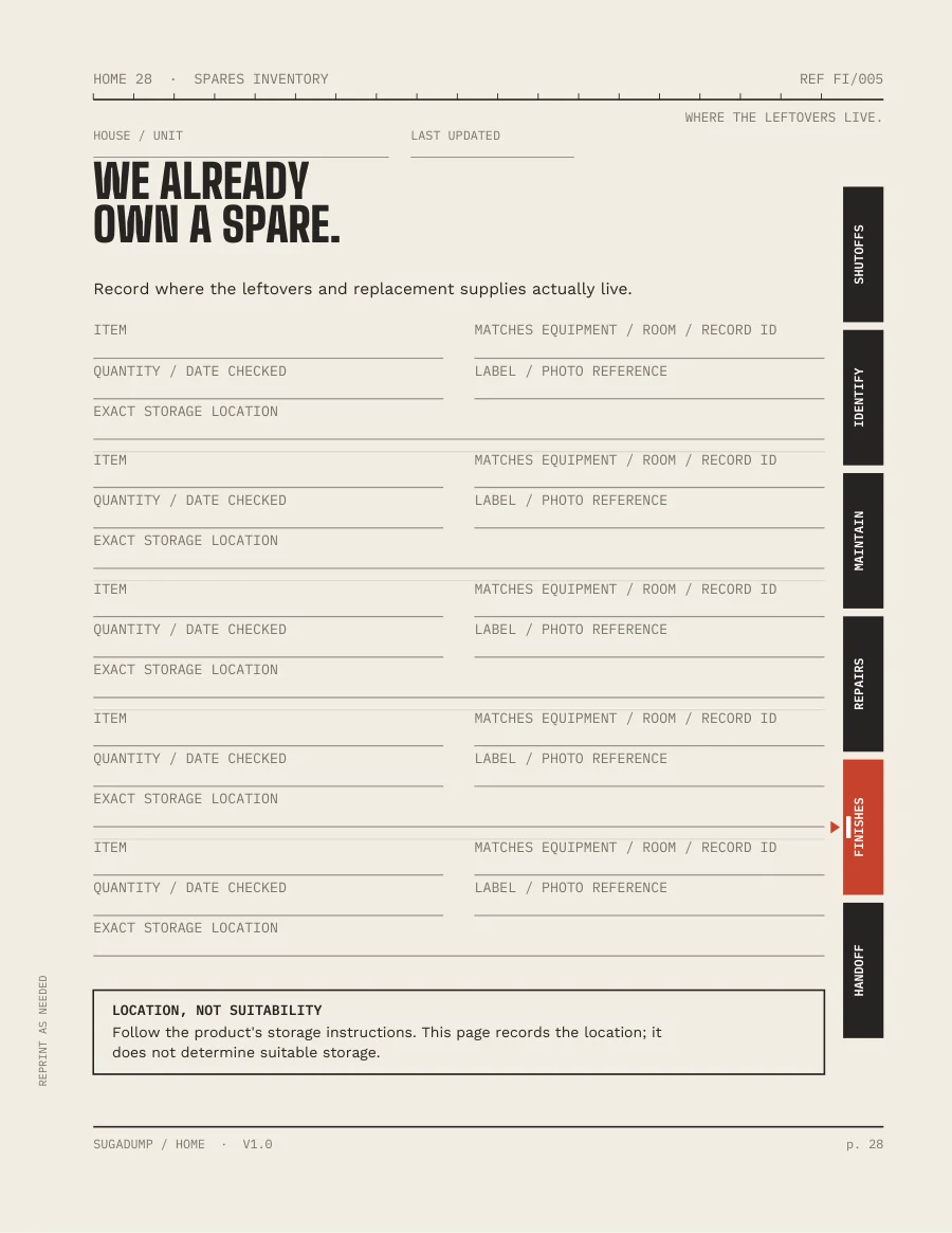 FI/005 · SPARES INVENTORY — real workbook page preview