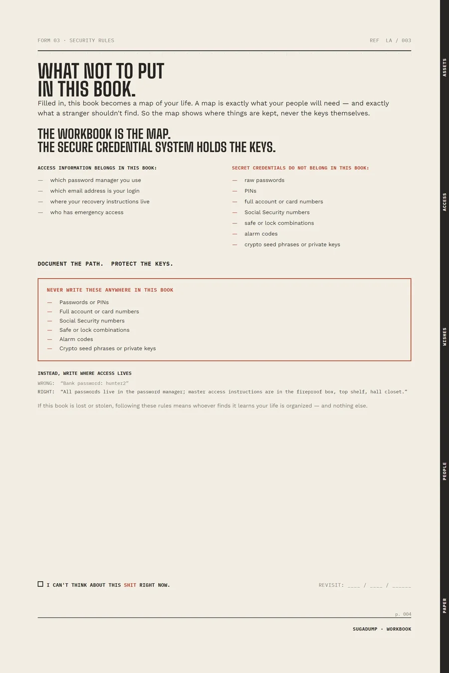 SUGADUMP / LIFE page: Security Rules.
