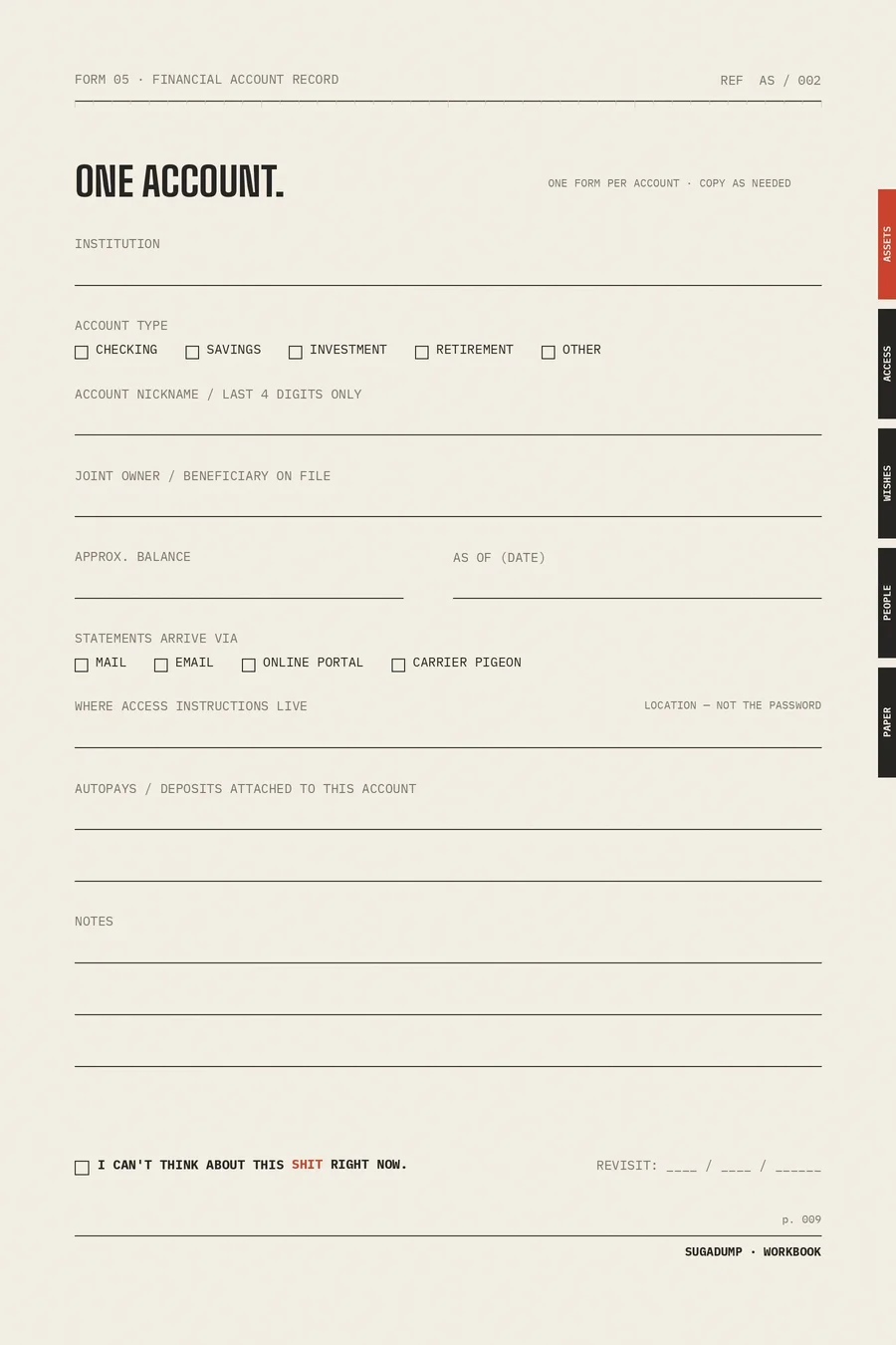 SUGADUMP / LIFE page: Financial Account Record.