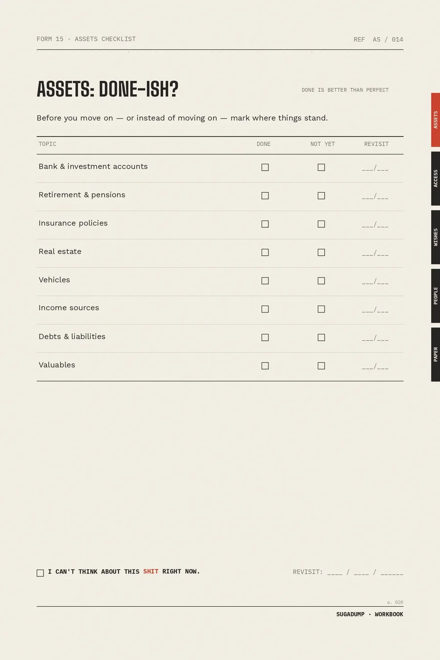 FORM 15 · ASSETS CHECKLIST — real workbook page preview