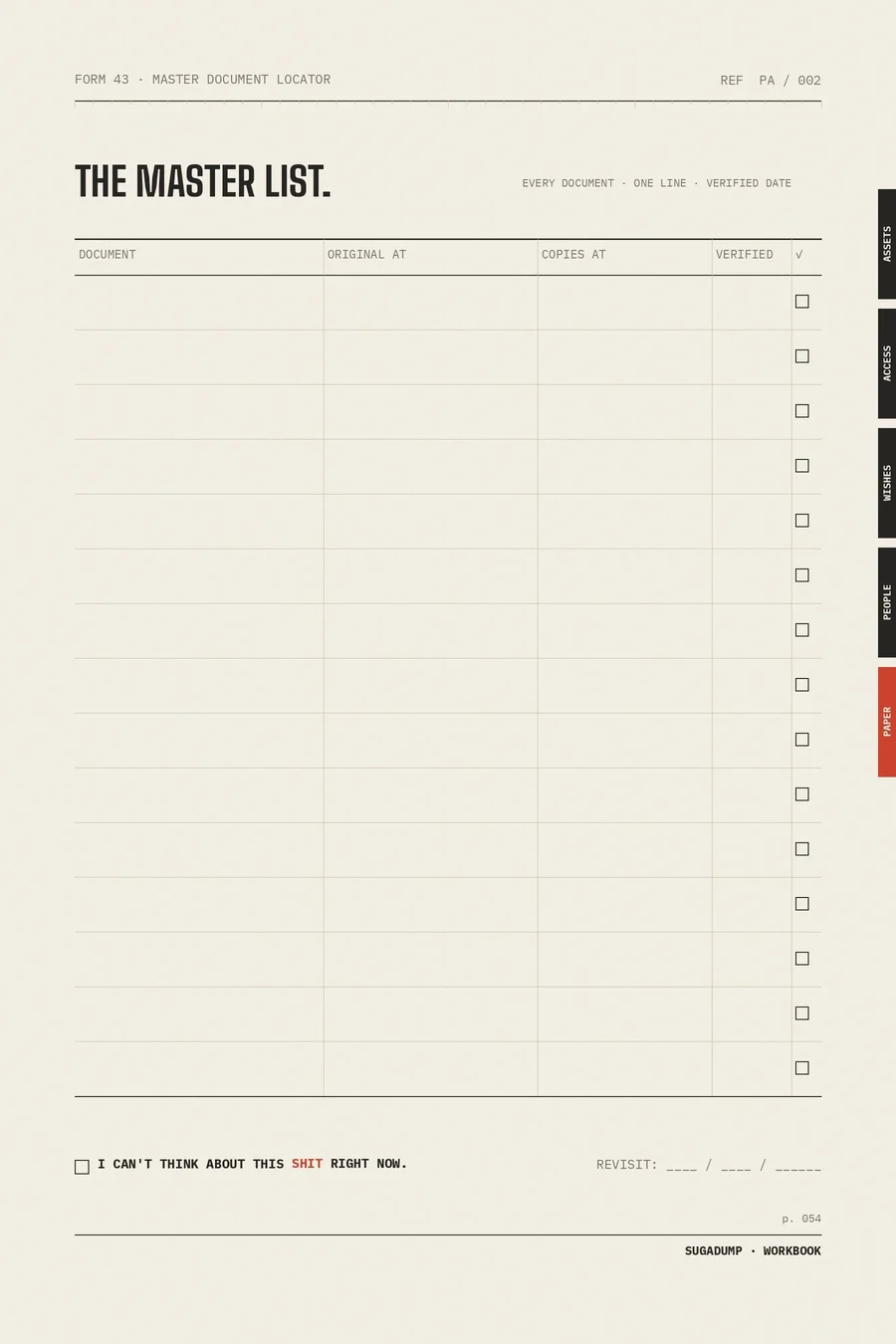 FORM 43 · MASTER DOCUMENT LOCATOR — real workbook page preview