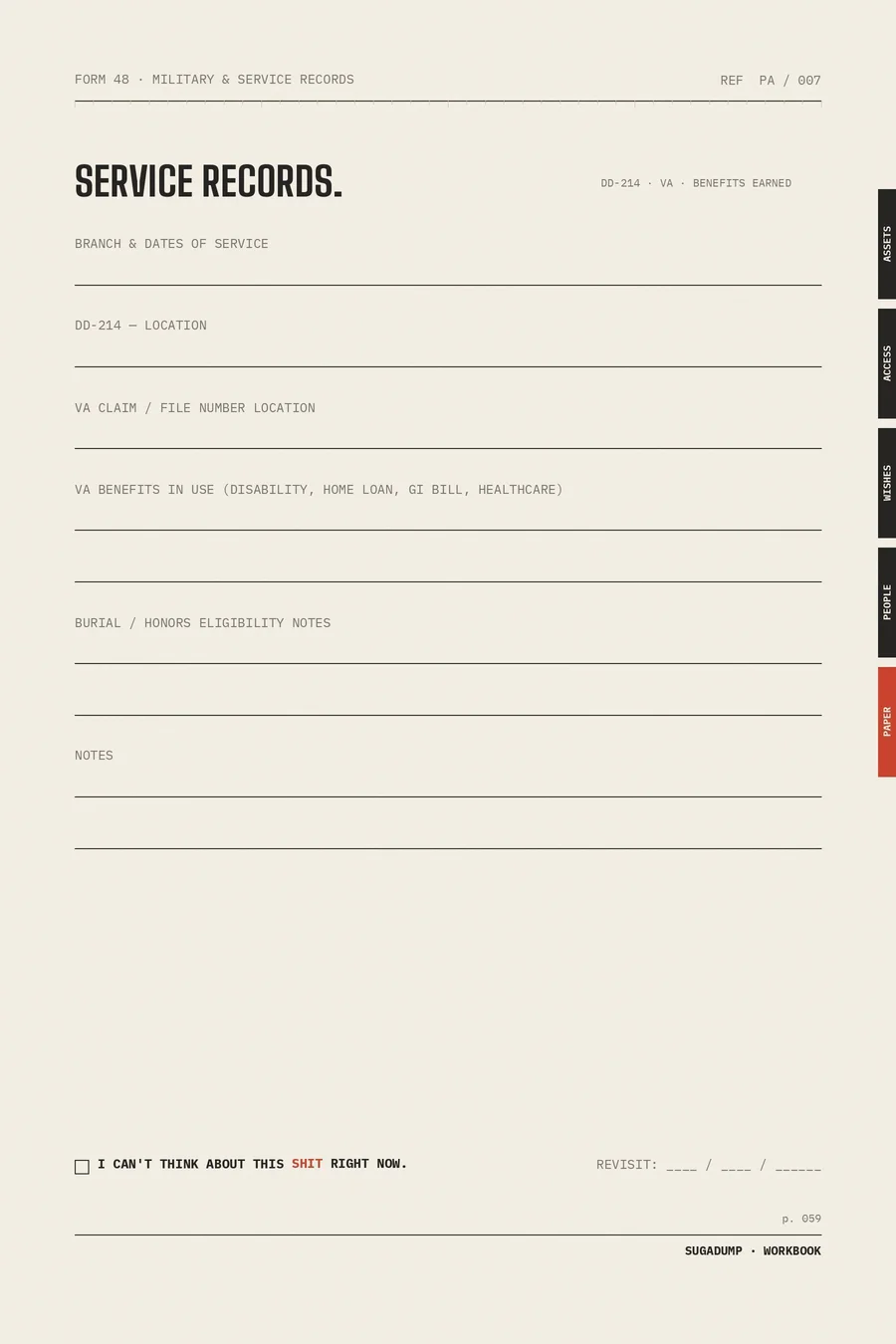 FORM 48 · MILITARY & SERVICE RECORDS — real workbook page preview