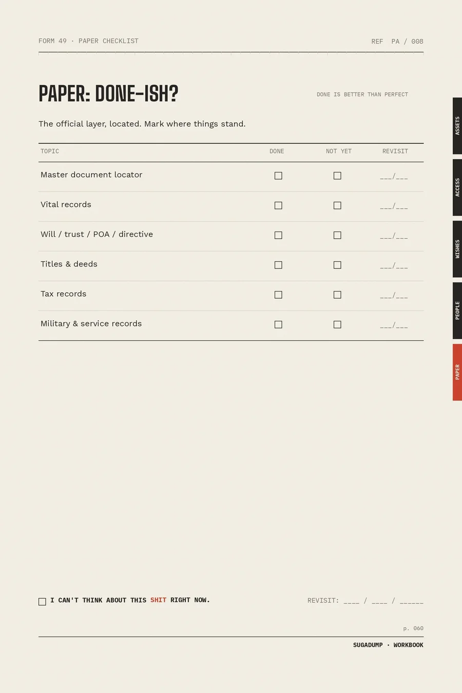 FORM 49 · PAPER CHECKLIST — real workbook page preview