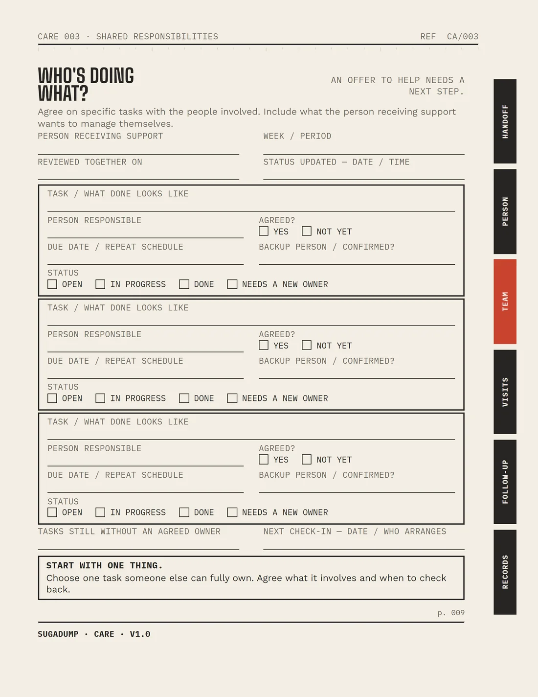 Real blank workbook page titled Who's Doing What, the Shared Responsibilities form, with unfilled write-in lines and checkboxes.