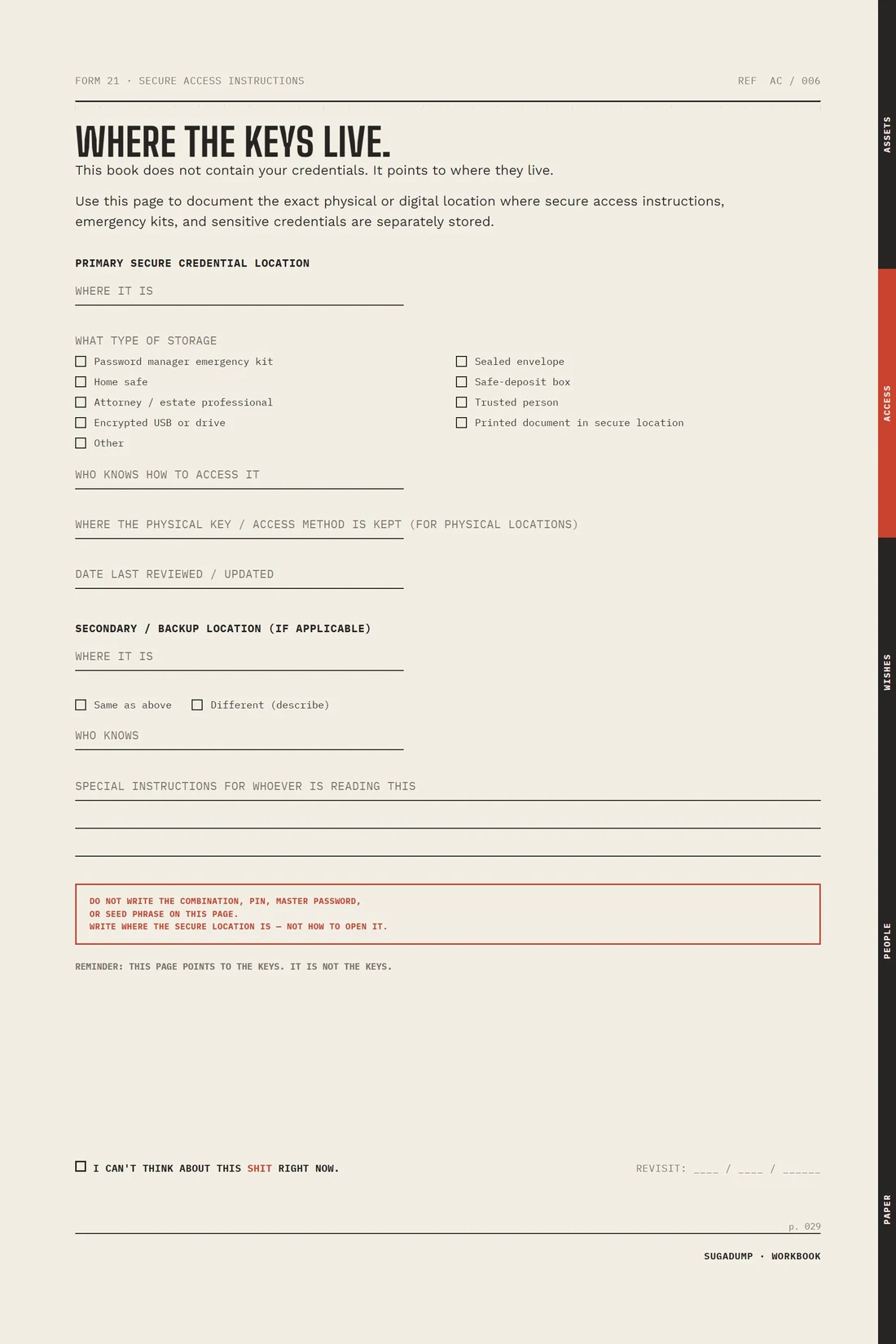 Secure access instructions page titled WHERE THE KEYS LIVE.
