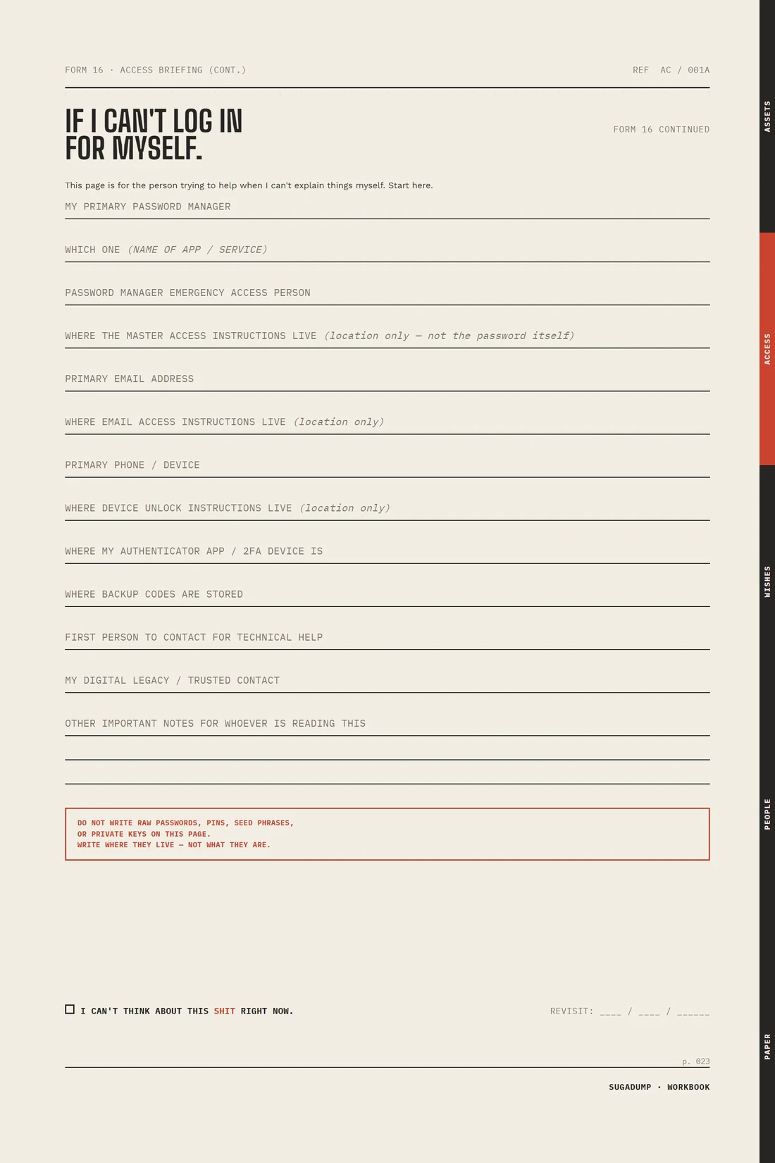 A real SUGADUMP / LIFE page titled IF I CAN'T LOG IN FOR MYSELF, with access-related fields.